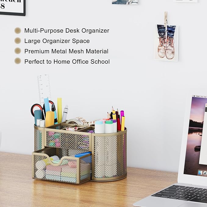 EasyPAG Mesh Pen Holder Desk Organizer with Drawer Stationery Supplies Organizer for Dorm School 9 Compartments Workspace Desk Accessories Organization for Office, Gold - Image 2