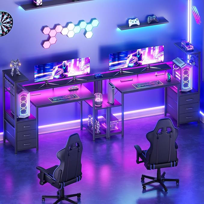 Korfile 48" Gaming Desk with Power Outlet, LED, Drawers, Carbon Fiber Black | Reversible，Computer Desk, Gamer Table, with Fabric Drawers & Side Hook, with Monitor Stand, for Game Room, Home Office - Image 6