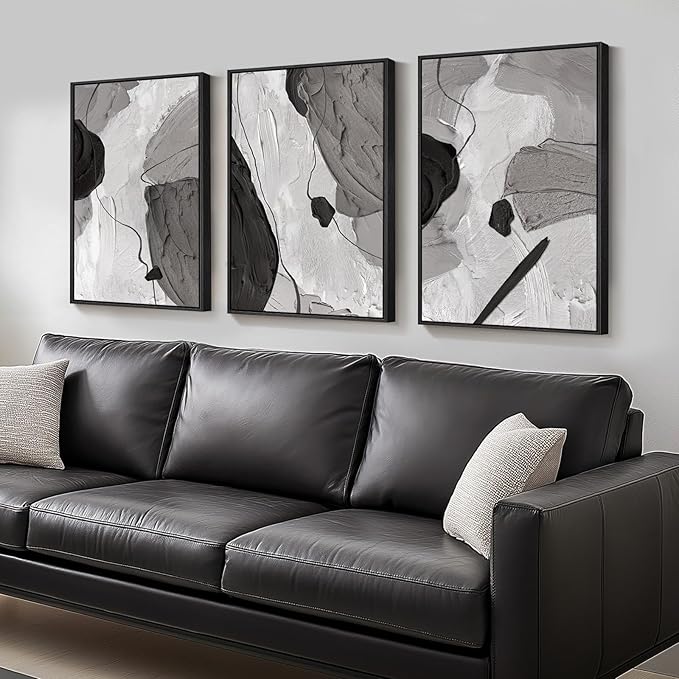 Large Framed Black and White Gray Abstract Wall Art, Set of 3 Piece Modern Canvas Prints Paintings Artwork for Walls, Minimalist Pictures for Living Room Bedroom Dining Room Hallway Wall Decor 20x30 In by Cuspin