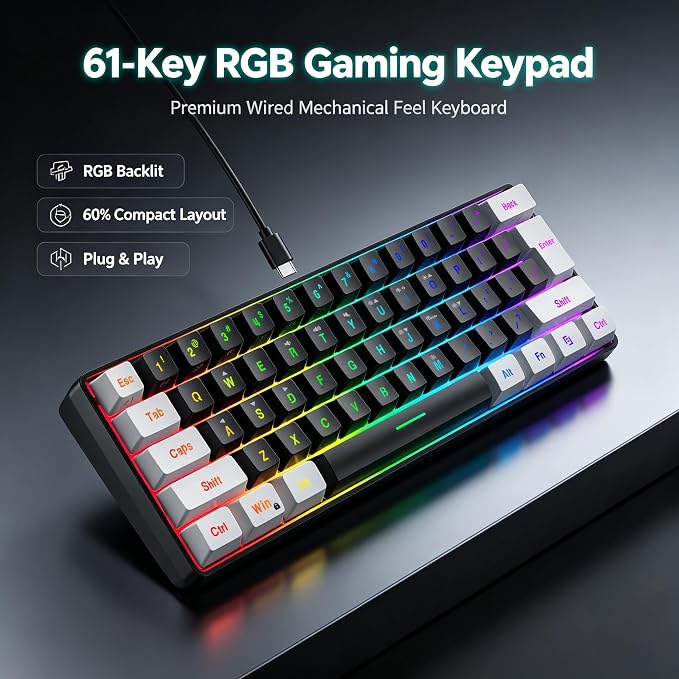 Snpurdiri 60% Wired Gaming Keyboard, Small RGB Backlit Membrane Gaming Keyboard, Ultra-Compact Mini Waterproof Keyboard for PC Computer Gamer White and Black | Backlit Small Membrane Gaming Keyboard for PC Computer Gamer - Image 8