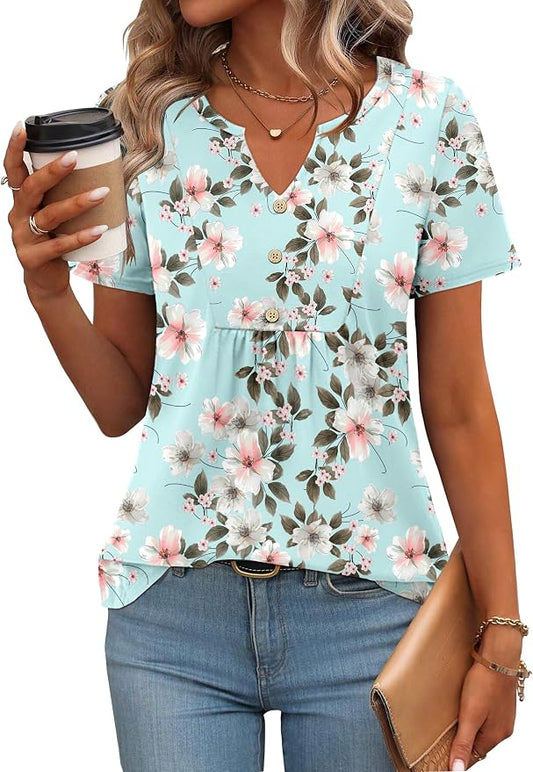 Zeagoo Womens Short Sleeve Tops Summer Henley V-Neck Tshirts Casual Pleated Blouse Dressy Loose Floral Basic Tee by Zeagoo