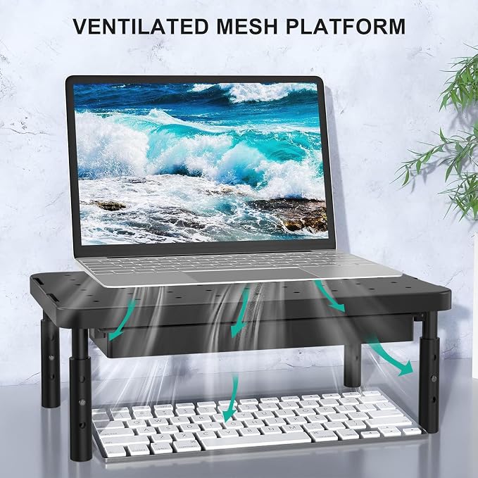 WALI Computer Monitor Stand with Storage, Desk Monitor Riser 3 Height Adjustable, Laptop Riser with Airflow Vents, Desk Organizer for Computer, Laptop, Printer (PTT002-B), 1 Pack, Black - Image 4