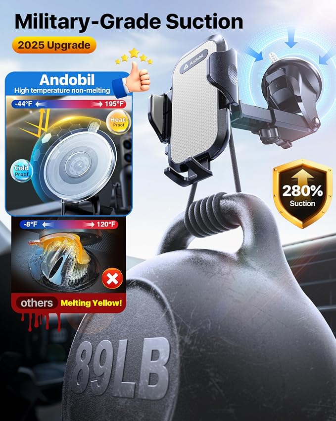 andobil Car Phone Holder, 2026 Military-Grade 89lbs Strongest Suction Phone Holders for Your Car Dashboard/Windshield/Vent Easy Clamp Cellphone Holder Truck Stand for iPhone 17 16 15 Pro Samsung Grey - Image 3