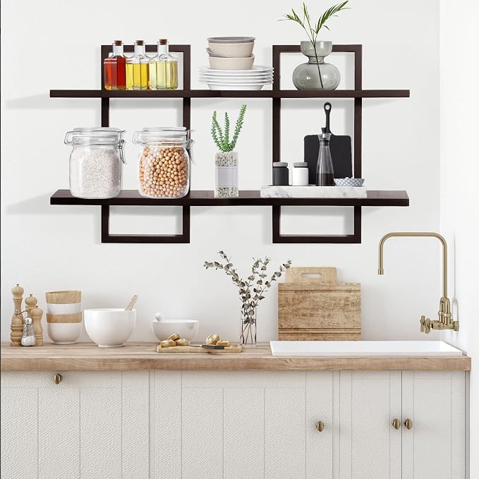 PHOENANCEE Floating Shelves for Wall,Display Hanging Shelf Set of 2,Modern Decorative Plants Shelves,Wood Home Decor Storage Chic for Living Room Bedroom Bathroom Office,Oak Frame,2-Tier (Walnut - Image 5