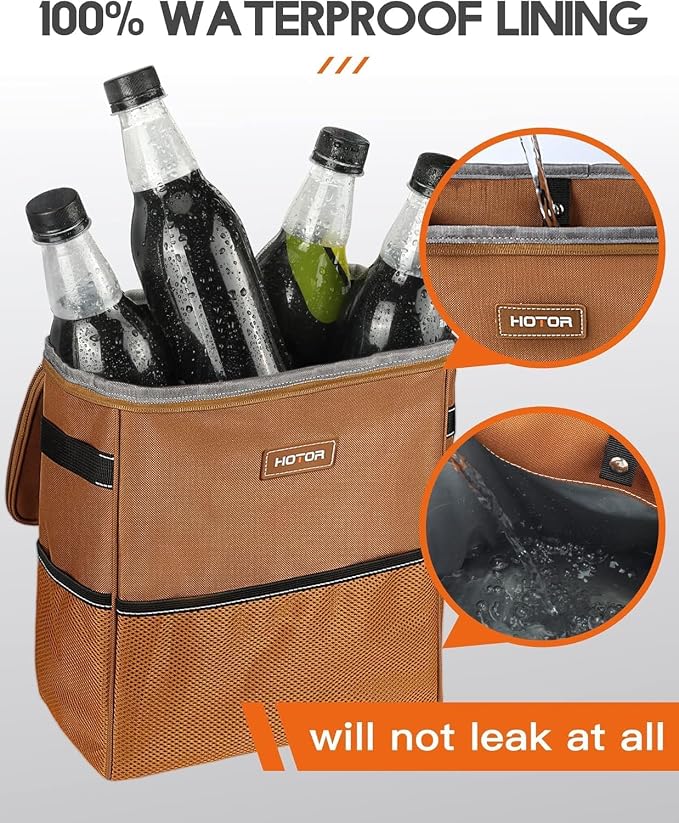 HOTOR 3 Gallons Car Trash Can, Ultra Large Capacity Organizer and Storage with Adjustable Straps & Magnetic Snaps, Waterproof Car Accessory for Interior Car Stuff Storage, Brown - Image 5