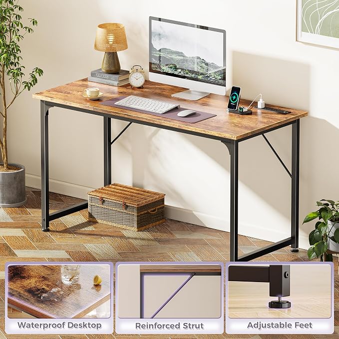 PRAISUN 47 X 20 Inch Computer Desk, Power Outlets, USB-C, Rustic Brown | Office Desk with 4 AC Outlets, USB & USB-C, Sturdy Metal Frame, Spacious Desktop for Work, Writing, Study & Gaming - Image 8