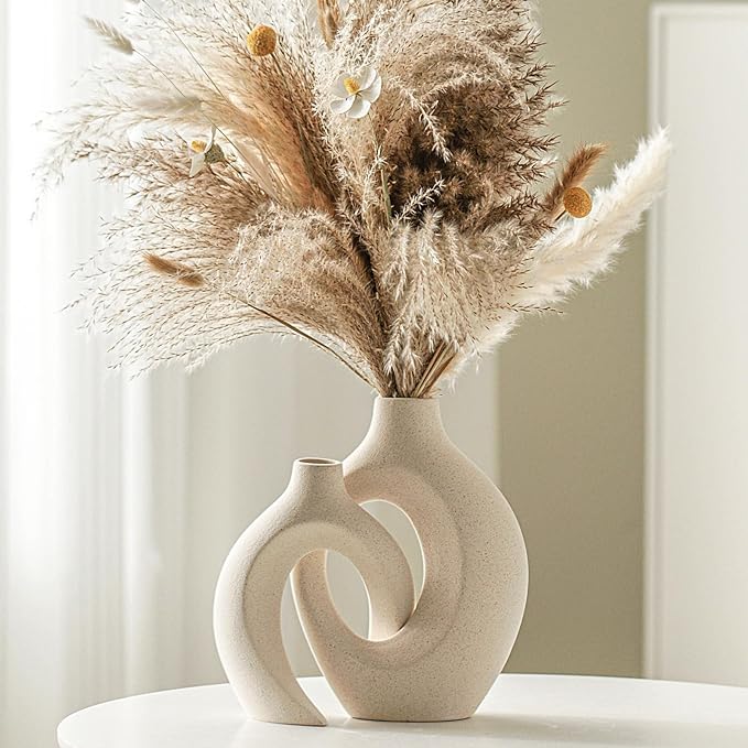 Lvases Snuggle Hollow Ceramic Vase Set of 2, Nordic Modern Boho ins Style Decorative Ceramic Aesthetic Flower Vase for Home Decor (Milky White W 6.3" X H 8.4") by modernhomedecoration
