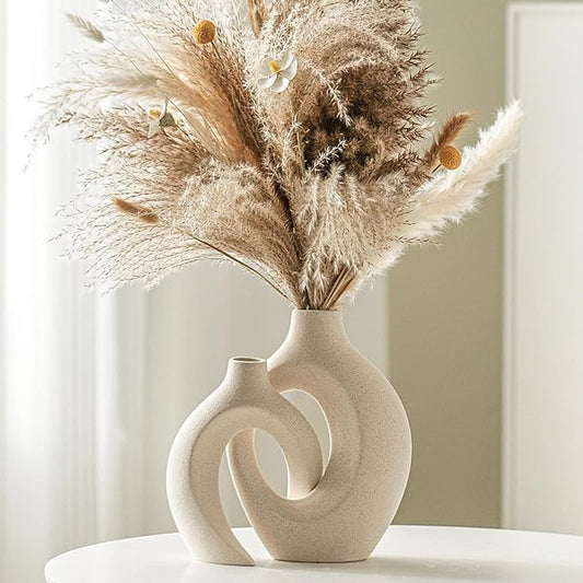 Lvases Snuggle Hollow Ceramic Vase Set of 2, Nordic Modern Boho ins Style Decorative Ceramic Aesthetic Flower Vase for Home Decor (Milky White W 6.3" X H 8.4") by modernhomedecoration