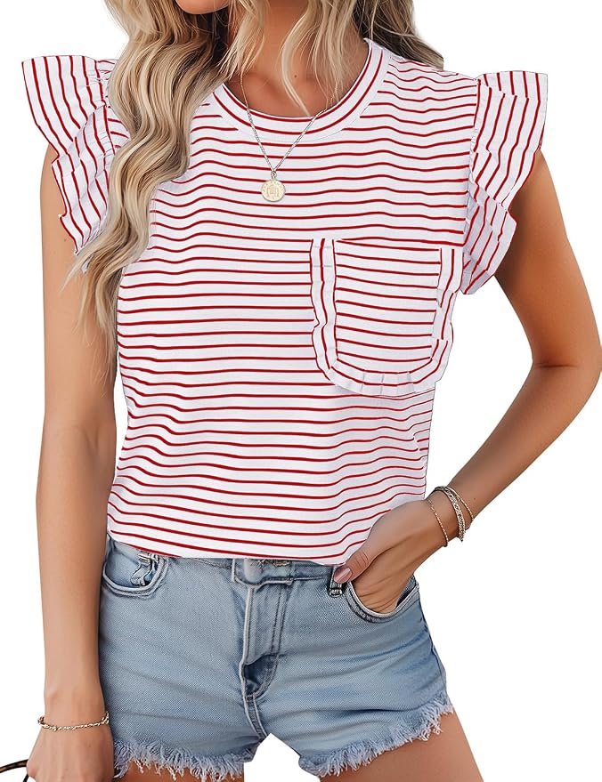 JUSTFASHIONNOW Womens Summer Tops Striped T-Shirts 2026 Ruffle Short Sleeve Crew Neck Casual Blouses with Pocket - Image 2
