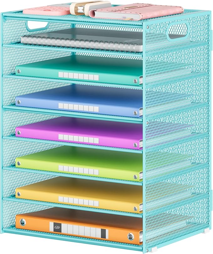 Lavatino 8-Tier Office Desk File Organizer, Letter Tray Paper Organizer with Handle, Including 5 Adjustable Slide Trays for Organizing Desktop Workspace Accessories and Supplies (Blue Metal Mesh) by Lavatino