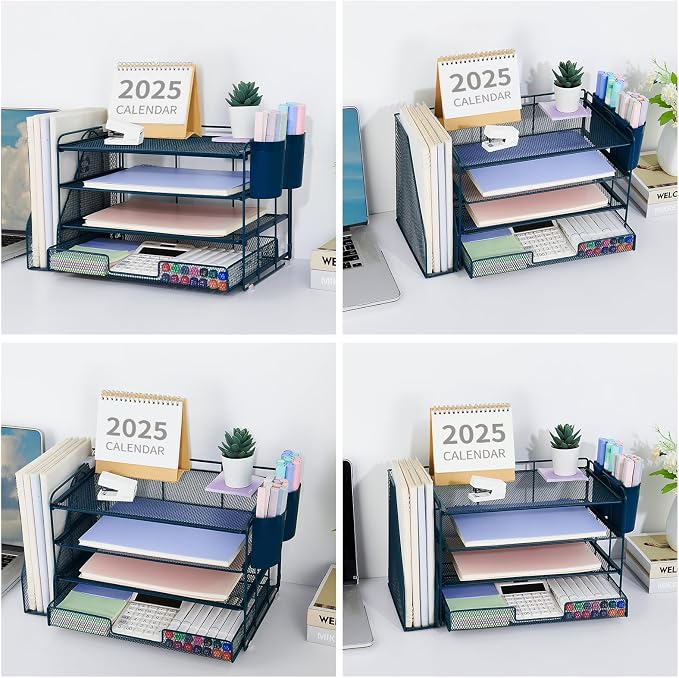 OPNICE Desk Organizer, 4-Tier Desktop File Organizer with Drawer and Pen Holders, Office Desk Accessories, File Sorters, Workspace Organizers for Office Supplies(Dark Blue) - Image 4
