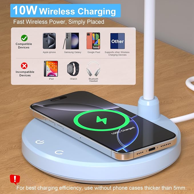 LED Desk Lamp for Home Office with Wireless Charger, Blue | 3 Color Modes Dimmable Eye-Caring Study Reading Dorm Desk Lamp, 360° Flexible Arm Table Lamp for College Dorm Room, 800 Lumen - Image 2
