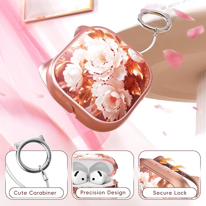 for AirPods 4 Case with Cleaning Kit, Cute Cat Ear Print Design & Cute Buckle, Inverted Phone Holder Design, Top Safe Lock Buckle Design, for Girls AirPods 4 case 2024, Rose Gold Peony - Image 5