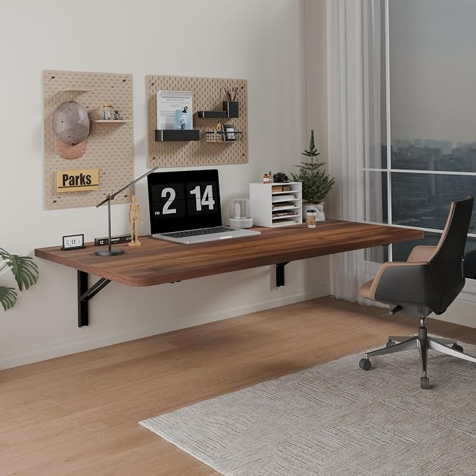 IAE 36x22in Floating Fold Desk,Wall-Mounted Folding Computer Table,Walnut | Study Table with Shelf Brackets,Foldable Down Shelf with Engineered Wood,Fold Computer Desk for Small Apartment,Holds 503 lb by IAE