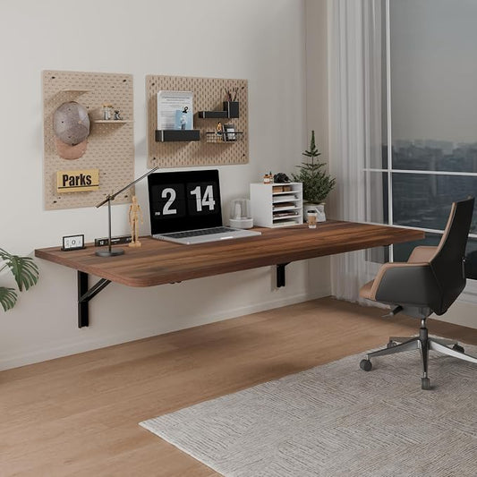 IAE 36x22in Floating Fold Desk,Wall-Mounted Folding Computer Table,Walnut | Study Table with Shelf Brackets,Foldable Down Shelf with Engineered Wood,Fold Computer Desk for Small Apartment,Holds 503 lb by IAE
