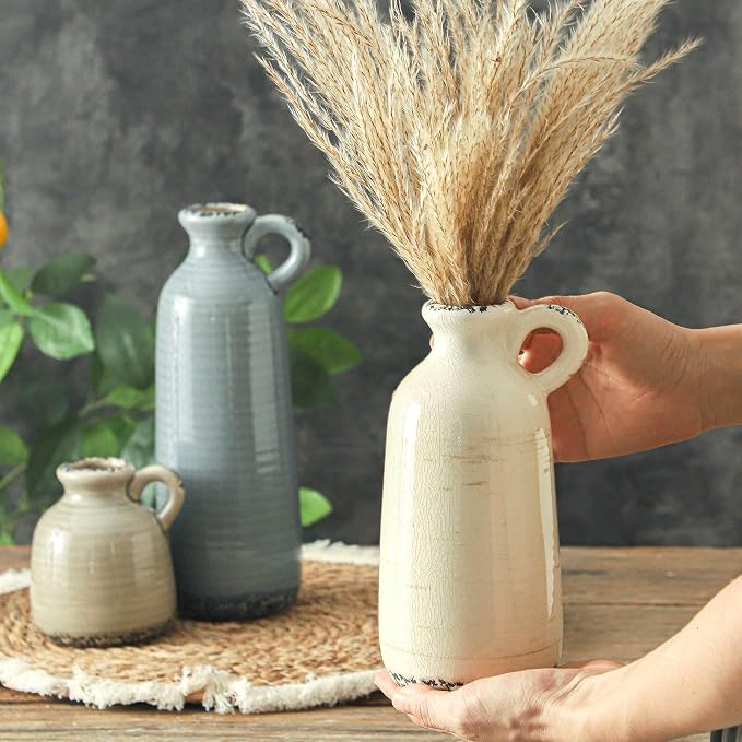 Ceramic Vases Set of 3, Neutral Rustic Farmhouse Vase with Handle, Decorative Flower Vases Home Decor Modern Boho Pampass Vase for Table Mantel Entryway Shelf Living Room Kitchen Bathroom - Ocean - Image 4