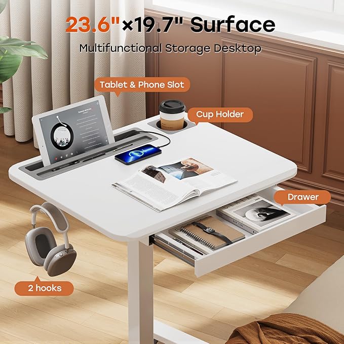 Small Mobile Standing Desk with Drawer, 23.6" x 19.7" Top | Height Adjustable Rolling Teacher Desk with Cup Holder and Hooks, Portable Workstation on Wheels for Classroom & Study, White - Image 3