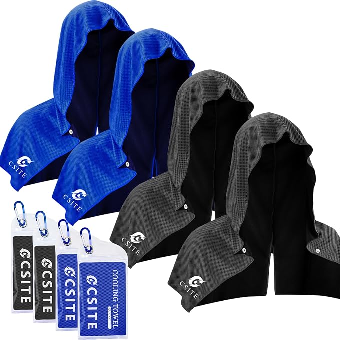 CSITE 4 Pack Cooling Hoodie Towels for Neck and Face, UPF 50 Sun Protection & Instant Cooling, Ice Towels for Hot Weather, Soft Breathable Towel for Sport, Work Out, Gym, Camping & More Activities by CSITE