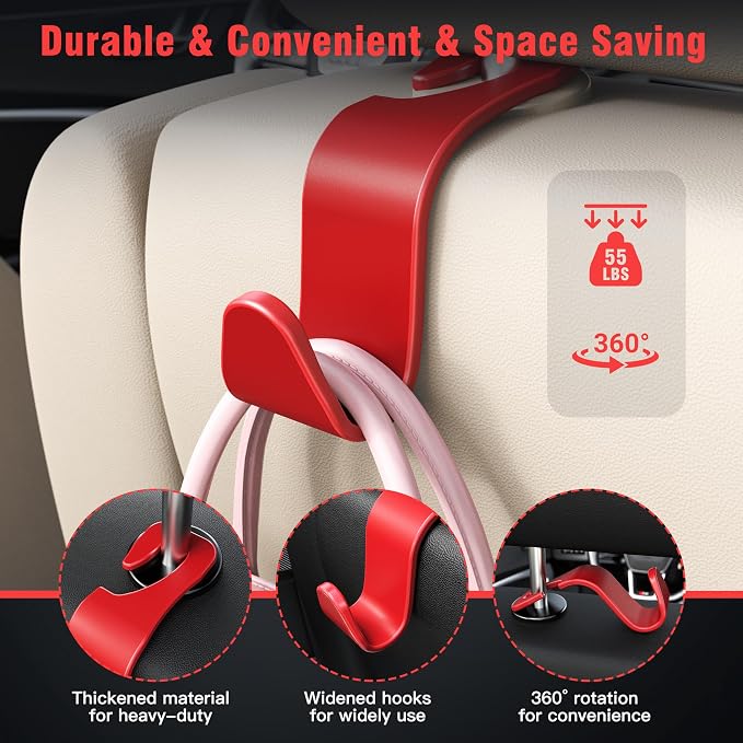 Amooca Car Seat Headrest Hook 4 Pack Hanger Storage Organizer Universal for Handbag Purse Coat Universal fit Vehicle Car S Type Red - Image 3