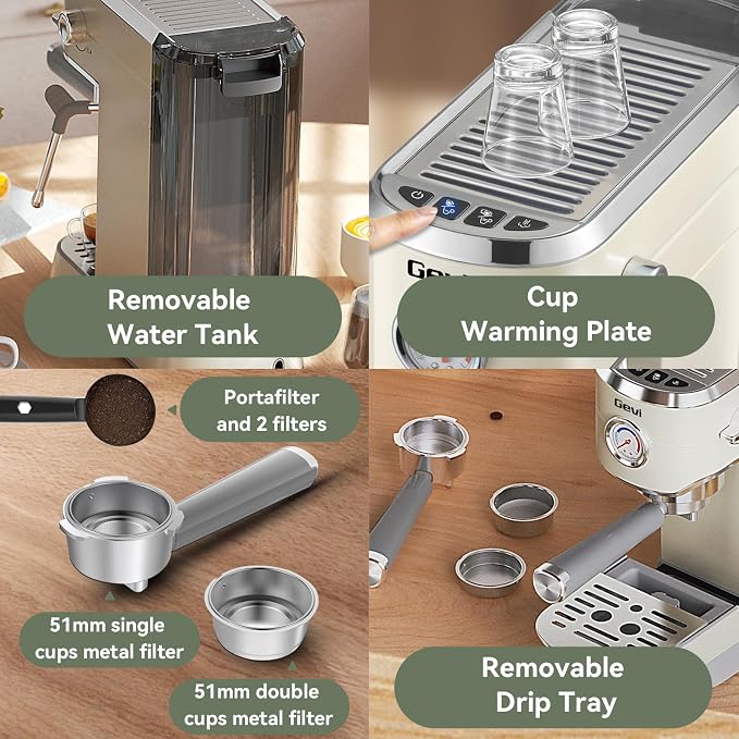 Gevi 20Bar Espresso Machine,Compact Coffee Maker with Adjustable Steam Wand | Removable Water Tank; Include Necessary Accessories; Can Make Americanos、Latte; Easy to Clean and Maintain; - Image 9
