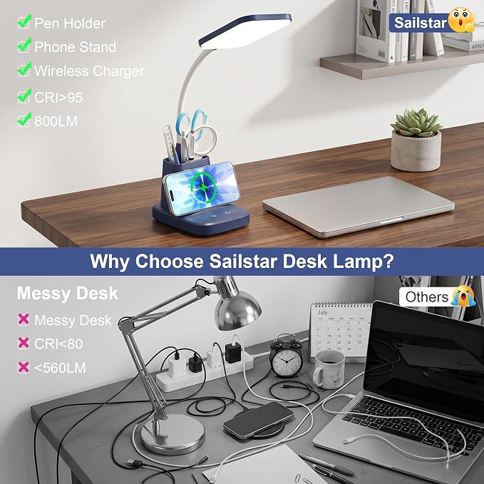 LED Desk Lamp with 10W Wireless Charging & Pen Holder, Navy Blue | CRI 95, 800LM, Stepless Dimming, 3 Modes, 360°Flexible Arm, Touch, Study Table Lamp for Home Office, Dorm Room, with Adapter - Image 4
