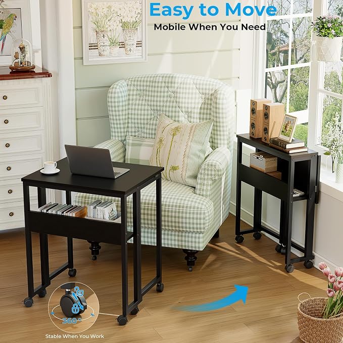 GreenForest Folding Desk with Wheels, 31.5" Rolling Table for Small Spaces | Storage Shelf, Lockable Casters, Compact Portable Workstation, Space-Saving Foldable Sofa Table, Home Office, Mobile, Black - Image 4