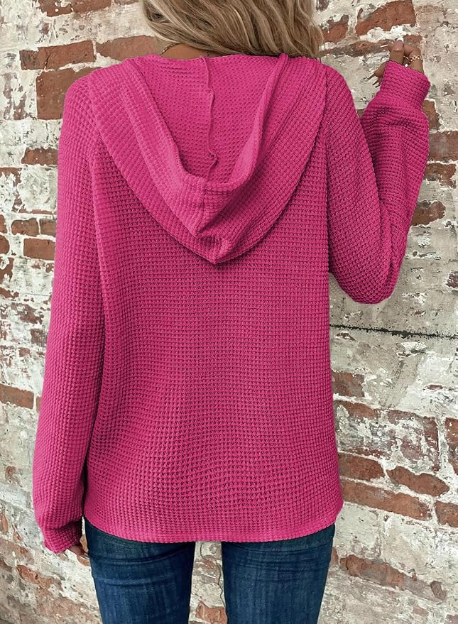 Dokotoo Hoodies for Women Waffle Knit Long Sleeve Drawstring Button V Neck Casual Sweatshirt Hooded Tops Fashion Clothing - Image 2