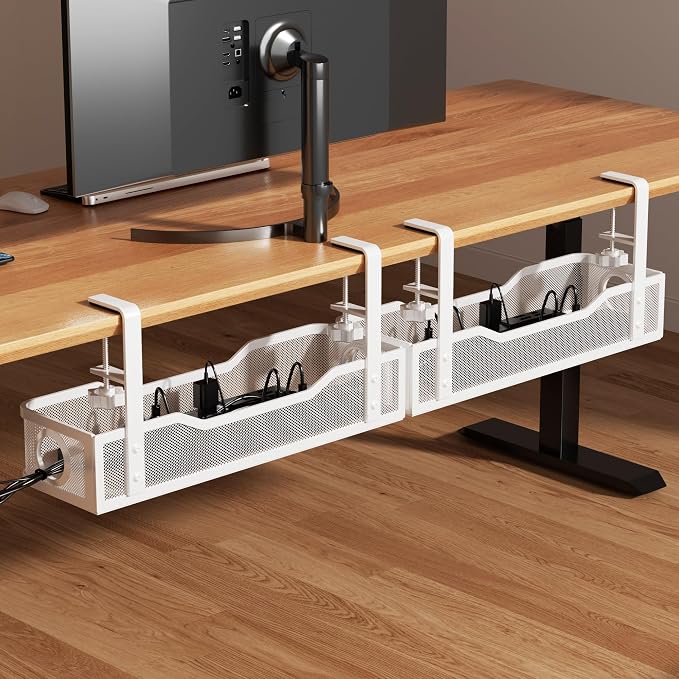 [Upgraded] 2 Pack Under Desk Cable Management Tray, Cinati Cord Organizers for Table Thickness up to 3", 16" Wire Organization with Clamp No Drill, Cable Management Box for Office - No Damage to Desk by Cinati