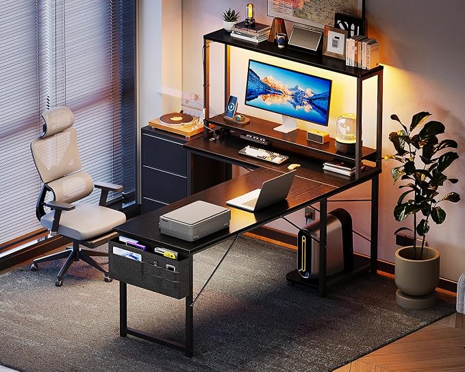 AODK L Shaped Desk Gaming Desk with LED Light & Power Outlet | 61 Inch Black Reversible L Shaped Computer Table with Shelf & Storage Bag & Hook for Home Office - Image 8