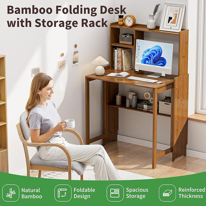 Folding Desk for Small Spaces, Bamboo Foldable Desk with Bookshelf, Brown | Small Computer Desk with Storage, Mid Century, Fold Out，Compact Size, for Bedroom, Living Room, Apartment, Home Office - Image 3