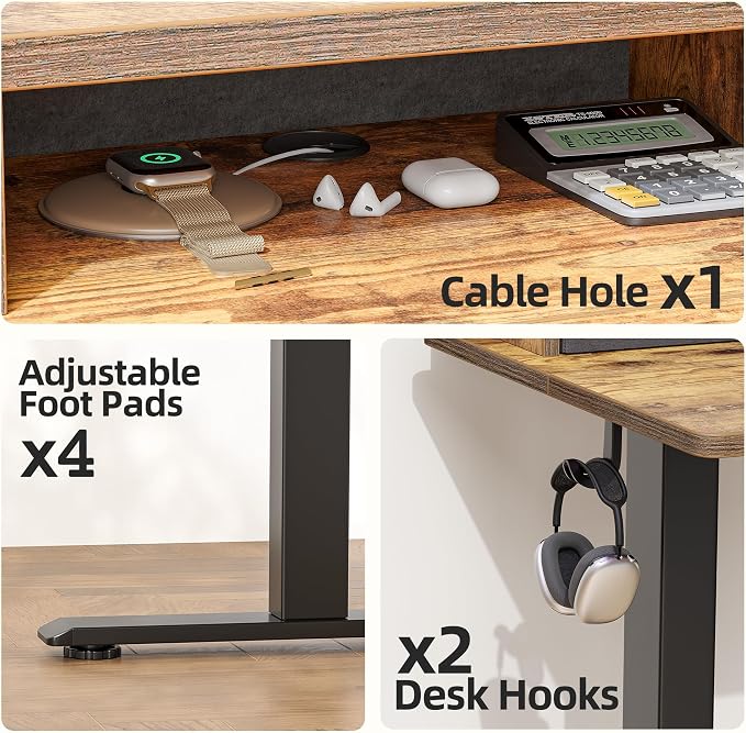 TIQLAB Standing Desk with Two Drawers, Stand Up Standing Desk Adjustable Height, Electric Sit Stand Table with Storage Shelf and Splice Board, 55 * 24 inch, Rustic Brown - Image 5