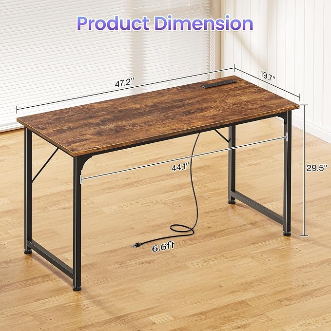 PRAISUN 47 X 20 Inch Computer Desk, Power Outlets, USB-C, Rustic Brown | Office Desk with 4 AC Outlets, USB & USB-C, Sturdy Metal Frame, Spacious Desktop for Work, Writing, Study & Gaming - Image 3