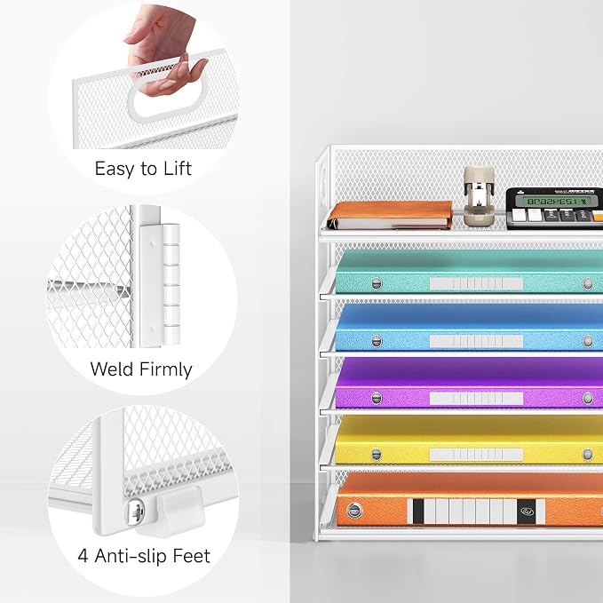 6 Tray Paper Organizer Letter Tray with Handle - Mesh Desk File Organizer, Paper Sorter Organizer for Office, Home or School File Folder Holder - White - Image 3