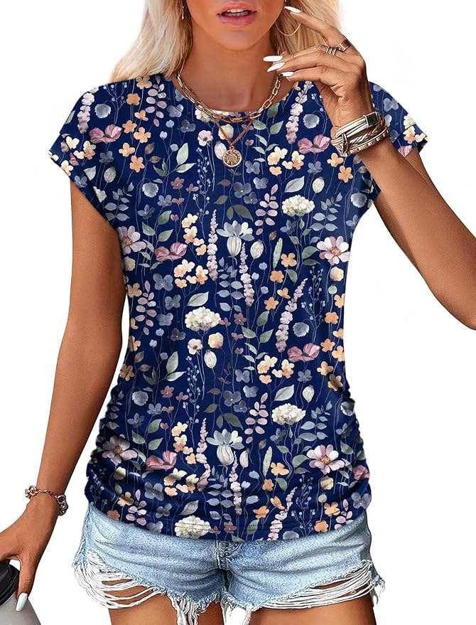 Sampeel Womens Summer Tops Trendy 2026 Ruched Cap Short Sleeve Tshirts Shirts Crew Neck T Shirts Fashion - Image 2