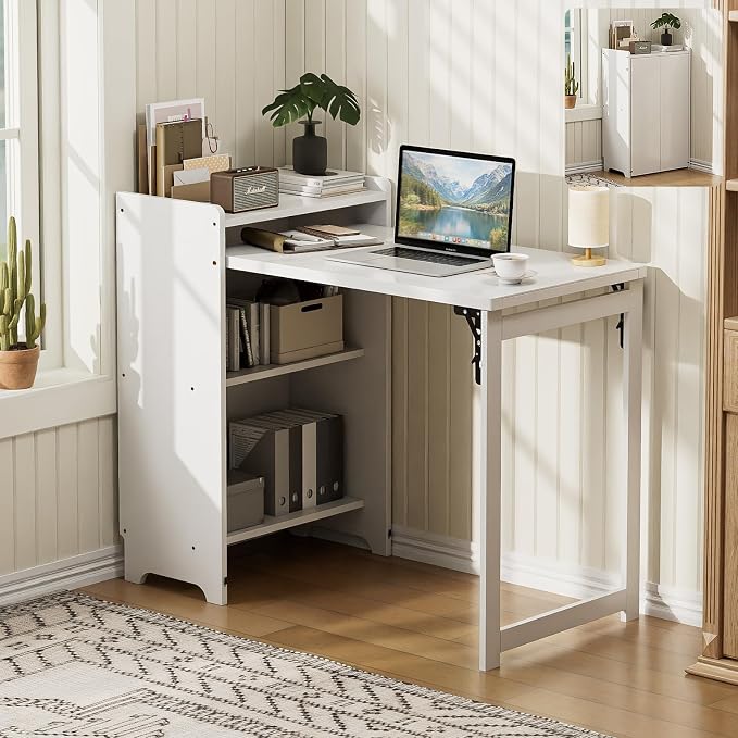 Bamboo Folding Desk with Storage, Foldable Desk for Small Spaces, White | Space-Saving Computer Desk with Storage, Compact Size, Writing Study Table for Home Office, Bedroom, Dorm, Apartment by Usofhaus