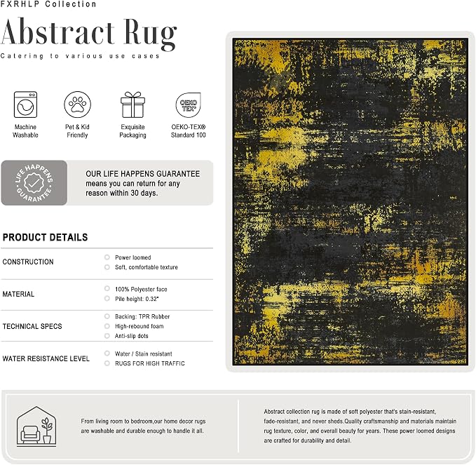 10x14 Area Rug Living Room Rug: Washable Modern Abstract Soft Thin Rug Indoor Floor No Slip Carpet for Bedroom Dining Room Farmhouse Nursery Home Office - Dark Black Gold - Image 2