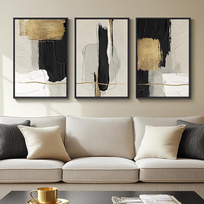 Framed Black and White Abstract Wall Art, 3 Piece Canvas Prints Paintings Artwork for Walls, Modern Minimalist Gold Beige Block Pictures for Living Room Hallway Office Wall Decor 16x24 Inch by Cuspin