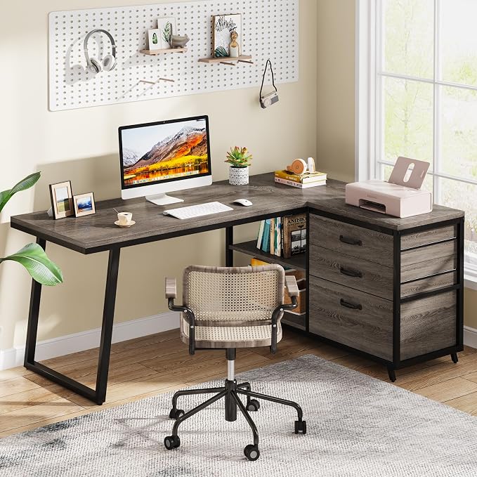 Tribesigns L-Shaped Desk with 3 Drawers, Reversible Corner Home Office Computer Desk with Shelves, 53-Inch Industrial PC Desk Study Writing Table Workstation for Small Space, Grey - Image 7