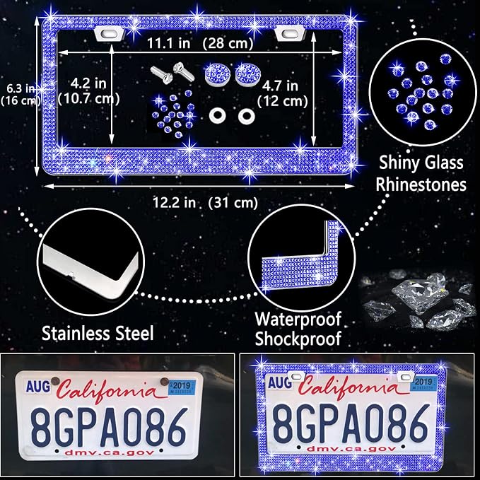 NBTEPEM 27 PCs Blue Bling Car Accessories Set for Women, Steering Wheel Covers Universal Fit 15 Inch, Bling License Plate Frame, Bling Phone Holder, Bling Car Coasters (Blue Diamond) - Image 4