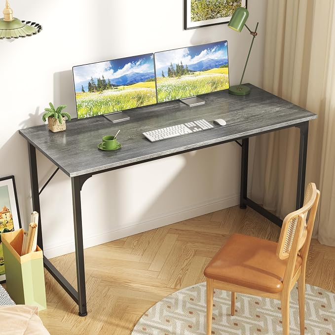 Huuger Computer Desk, 48 Inch Office Desk, Gaming Desk with Storage, Writing Desk Work Desk for Home Office, Study, Modern Simple Desk, Large Legroom, Metal Frame, Grey - Image 2