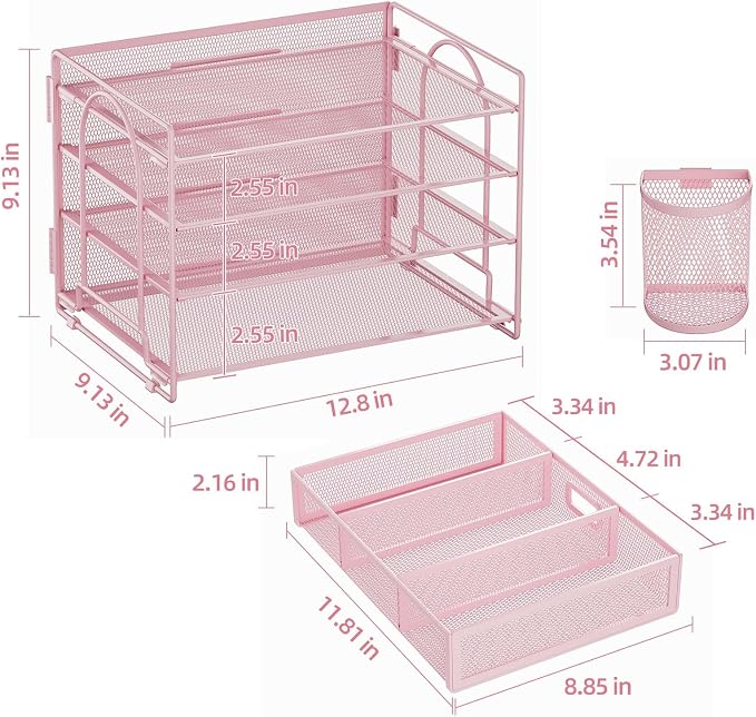 Marbrasse Desk Organizer, 4-Tier Paper File Letter Tray, Pink-2P | Sturdy Paper Tray, File Holder, Built-in Drawer, 2 Pen Slots, fits Letters/Files, for School Home Office Supplies - Image 6