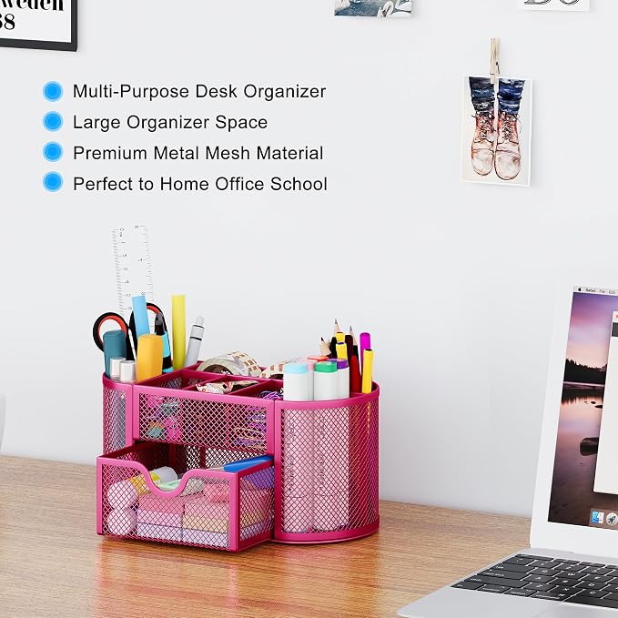 EasyPAG Mesh Pen Holder Desk Organizer with Drawer Stationery Supplies Organizer for Dorm School 9 Compartments Workspace Desk Accessories Organization for Office, Hot Pink - Image 3