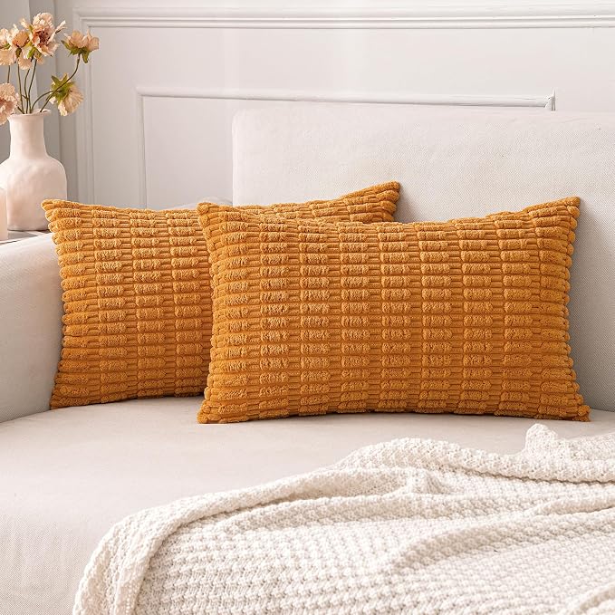 MIULEE Fall Pack of 2 Burnt Orange Corduroy Decorative Lumbar Pillow Covers 20x12 Inch Soft Boho Striped Throw Pillow Covers Modern Farmhouse Home Decor for Sofa Living Room Couch Bed by MIULEE