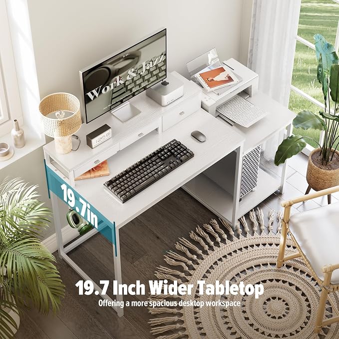 SINPAID 47 inch Computer Desk with Printer Shelf, Gaming Desk with Monitor Stand and Drawers, Reversible Home Office Desk with Storage Shelves and 2 Hooks, Home Workstation for Study Writing, White - Image 3