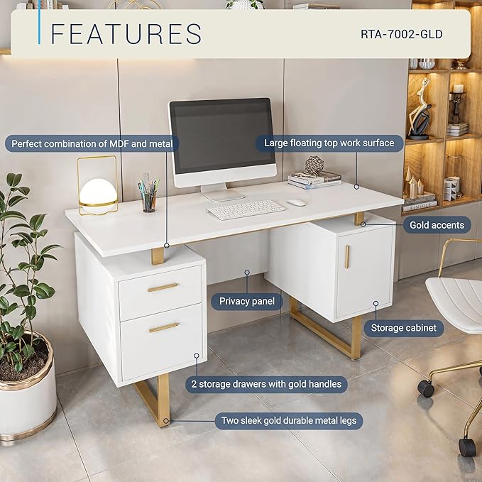 Techni Mobili Storage Drawers and Cabinet 51.25” W-Modern Office Large Floating Desktop Surface Desk, 23.6" D x 51.2" W x 29.8" H, White/Gold | Home office workstation, durable construction, everyday productivity, Ideal for home office, Workspace organ... - Image 4