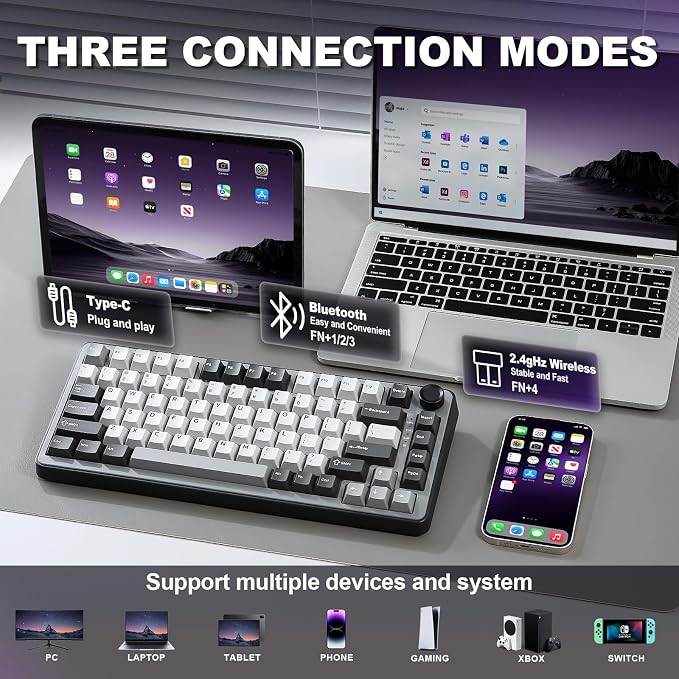 YUNZII B75 PRO 75% Wireless Mechanical Keyboard (Dark Grey,Cocoa V2) | Hot Swap Keyboard with Knob, Gasket Mount, Creamy Pre-lubed Switch for Smooth Typing, BT/USB-C/2.4G, for Gaming - Image 3
