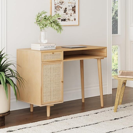 Nathan James Aaron Modern Desk with Storage, Natural Rattan Table with Square Webbing and Gold Accent Knobs, Natural Brown by Unknown
