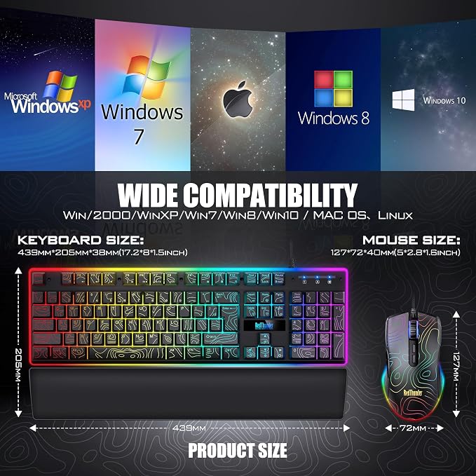 RedThunder K10 Wired Gaming Keyboard & Mouse Combo with Wrist Rest, Adjustable RGB Mechanical Feel Anti-ghosting Keyboard + 7D 7200 DPI Mouse+Soft Leather Wrist Rest for PC Gamers (Black Lines) - Image 7