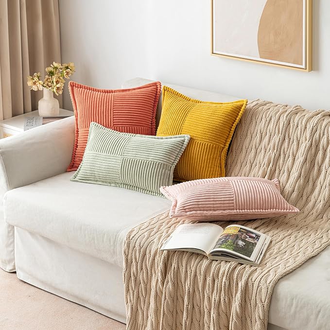 MIULEE Decorative Throw Pillow Covers for Couch Bed Livingroom 18x18 Inch Set of 2 Coral Red Boho Accent Throw Pllows Broadside Striped Patchwork Soft Corduroy Summer Pillowcases - Image 5