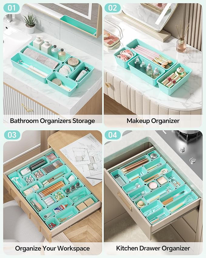 Canfanni 13 Pack Plastic Drawer Organizers Set, 3 Sizes Desk Drawer Organizer Trays for Vanity and Makeup Organizer, Organization and Storage for Makeup, Kitchen Utensils, Bathroom and Office(Blue) - Image 5